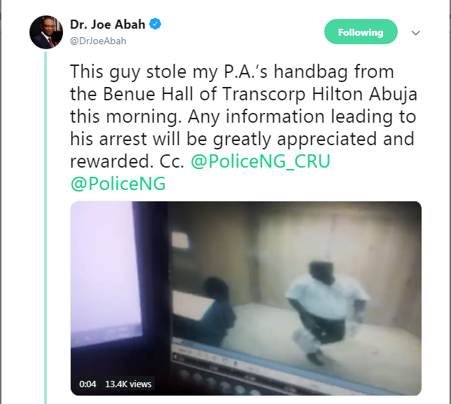 Man Caught On CCTV Stealing A Bag At Benue Hall Of Transcorp Hilton, Abuja