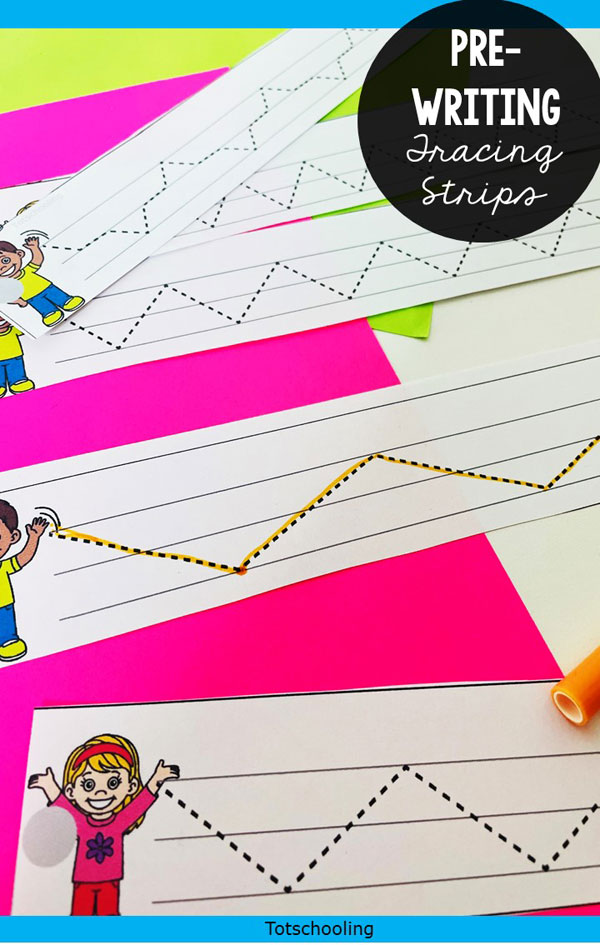 FREE pre-writing tracing strips with a school theme, perfect for preschool and kindergarten kids to practice fine motor skills.