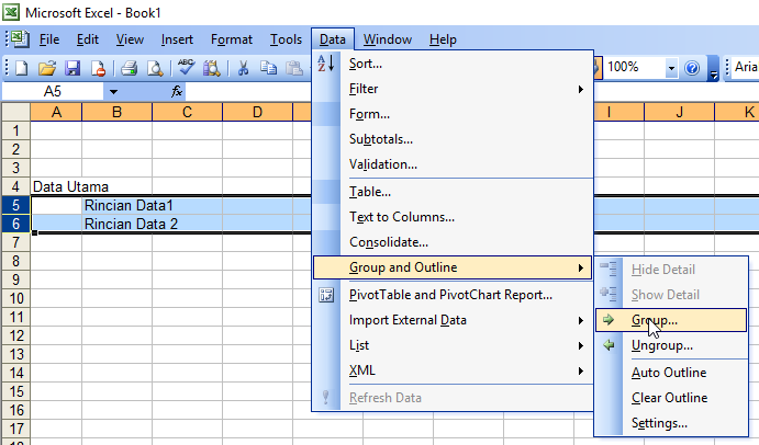 grouping kolom excel 2003