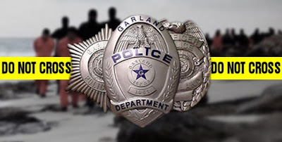 Garland Police Department tri-badge over picture of ISIS activities