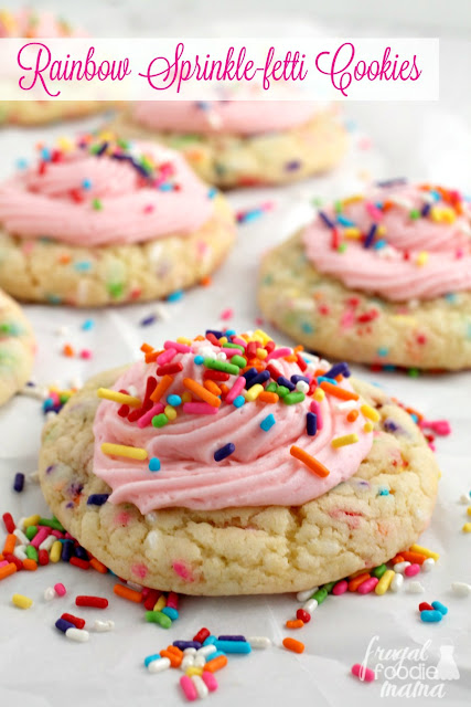 Soft & thick cake mix cookies are loaded up with rainbow sprinkles & then topped with a perfect buttercream frosting in these Rainbow Sprinkle-fetti Cookies.