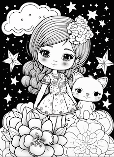 Adorable kawaii girl black and white coloring pages for free download