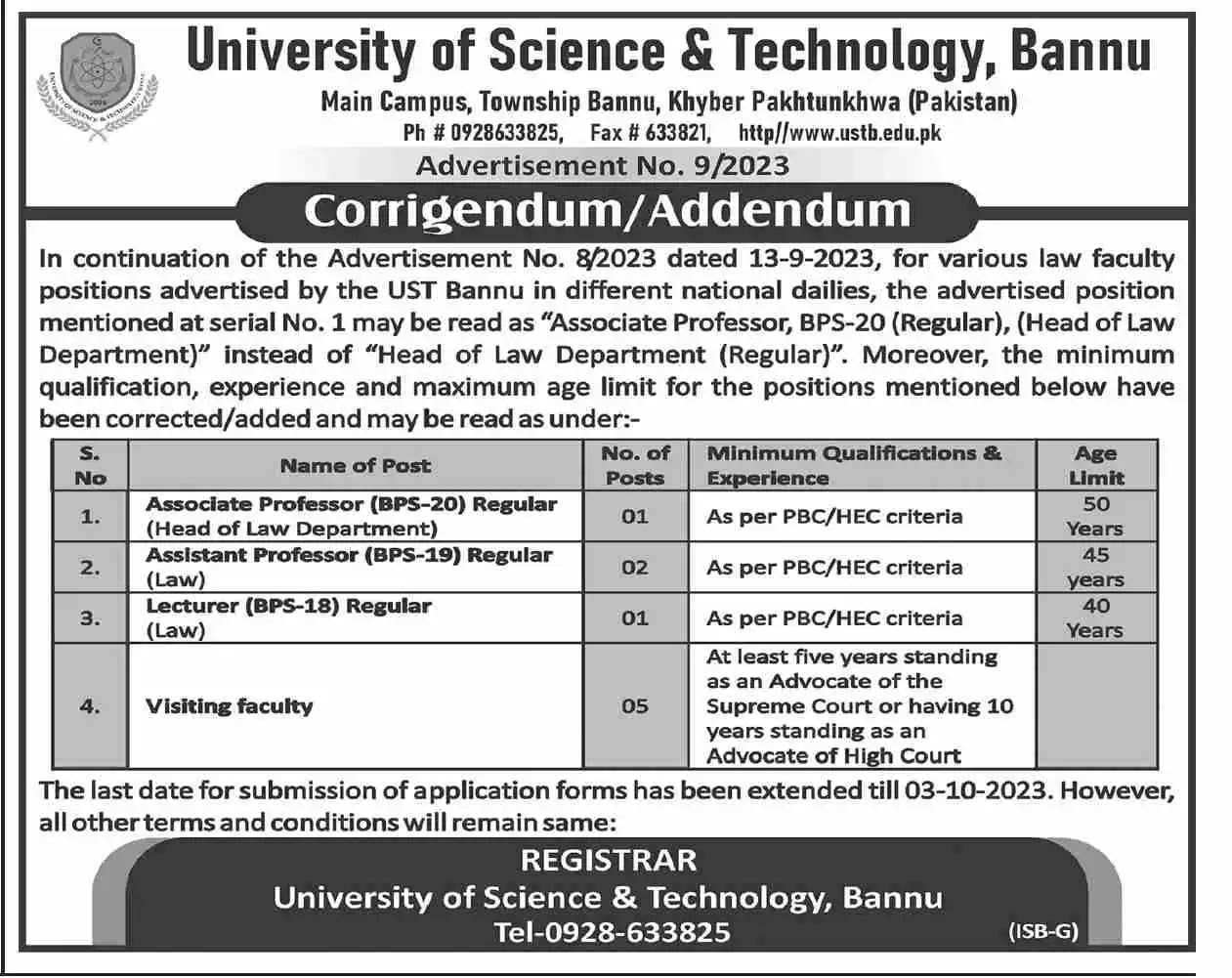University of Science & Technology Bannu Jobs | Khyber Pakhtunkhwa
