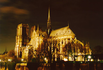 photo of notre dame cathedral paris at night lights shining