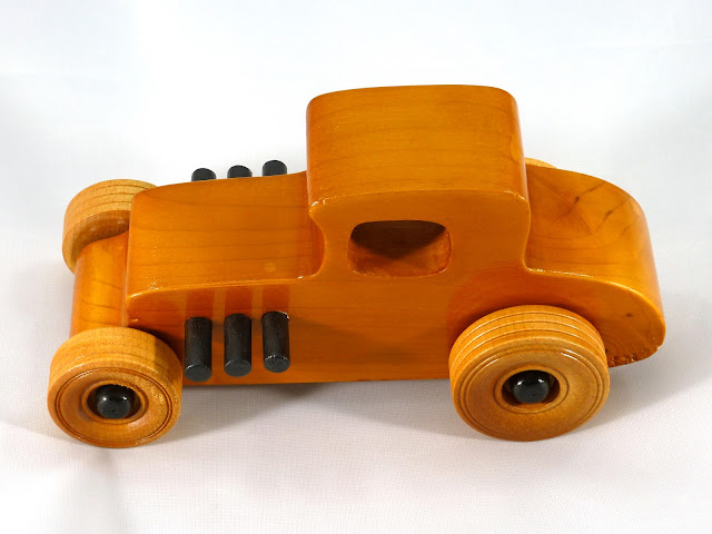 Wooden Toy Car Hot Rod Freaky Ford 27 TCoupe Pine Amber Shellac Black Hubs