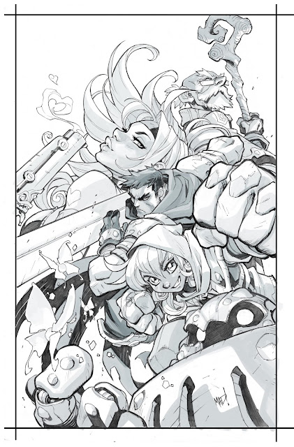 Battle Chasers comic cover, pencil artwork by Joe Madureira featuring the main characters Gully, Red Monika, Calibretto, Knolan and Garrison in a hero pose