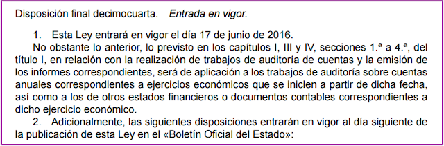 Disposición final decimocuarta ley 22/2015 de auditoría de cuentas entrada en vigor