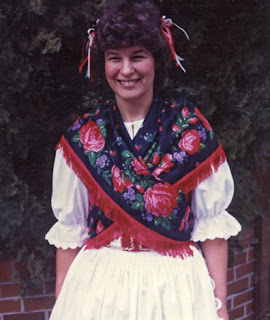 Robin Atkins in costume for first performance with Hungarian folk dance group; 1983