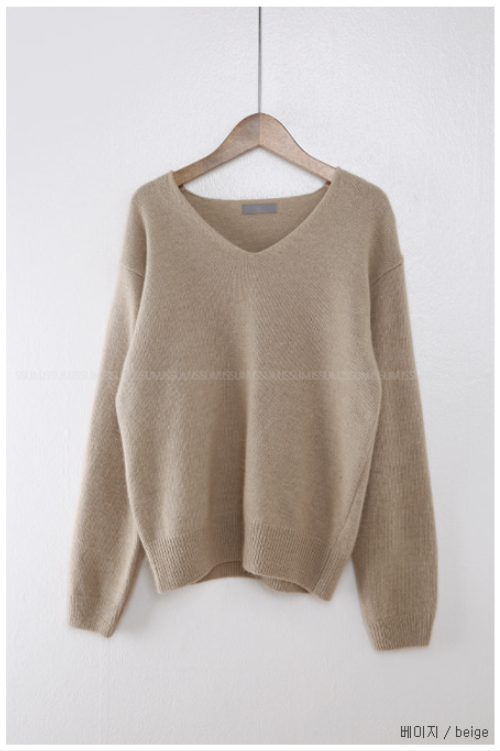  Ribbed Cuff and Hem V-Neck Sweater