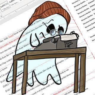 close-up of a word document with tracked changes displayed, and an overlay of a ghost with a beanie and glasses, hovering behind a table with a typewriter on it.