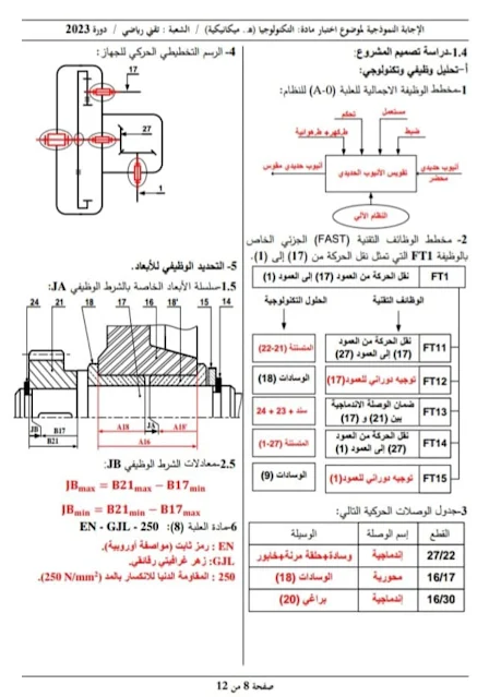 تصحيح موضوع الهندسة الميكانيكية بكالوريا 2023 شعبة تقني رياضي