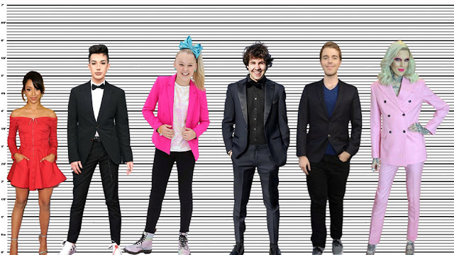 JoJo Siwa with Liza Koshy (5'1"), James Charles (5'8.5"), David Dobrik (5'9"), Shane (5'10") and Jeffree Star (5'11")