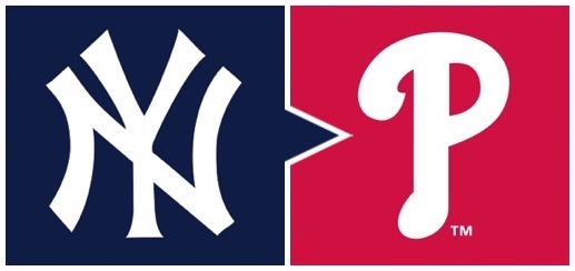 The New York Yankees' stylized NY icon next to Phillies' stylized P icon, with rightward arrow design