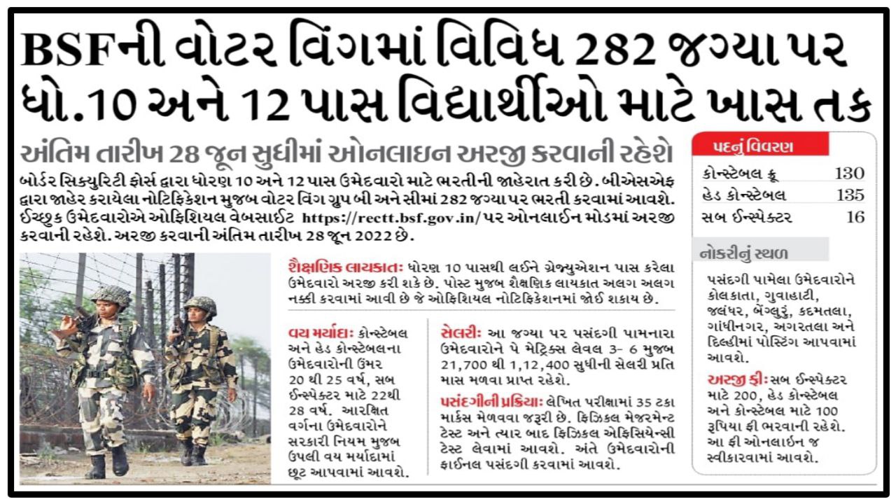 BSF Water Wing Recruitment 2022 [281 Posts] Notification and Online Application Form