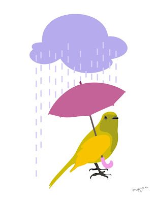 Bird art of the day, bird in the rain with a tiny umbrella, bird art