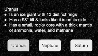 Uranus: Is an ice giant with 13 distinct rings Has a 98° tilt & looks like it is on its side Has a small, rocky core with a thick mantle of ammonia, water, and methane