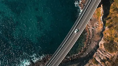 Sea, Coast, Road, Car, Drone Aerial Photo