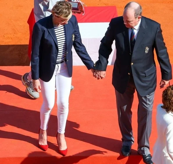 Prince Albert II, Princess Charlene and Pierre Casiraghi at the Monte-Carlo Sporting Club for Spain's Rafael Nadal tennis match. JIMMY CHOO pumps