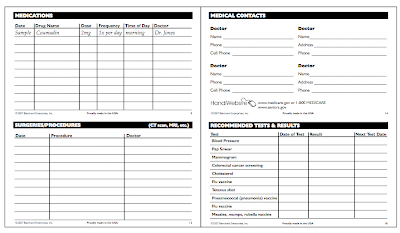 sample HandiRecords pages for tracking medications, surgeries, contacts and test results