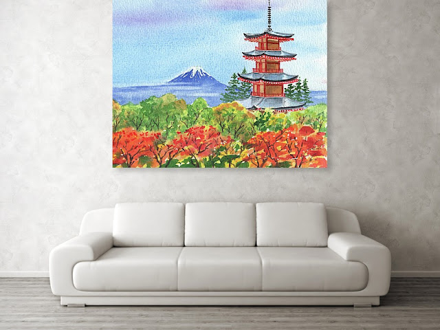 Mountain Fuji Japan Chureito Pagoda Watercolor Painting in interior