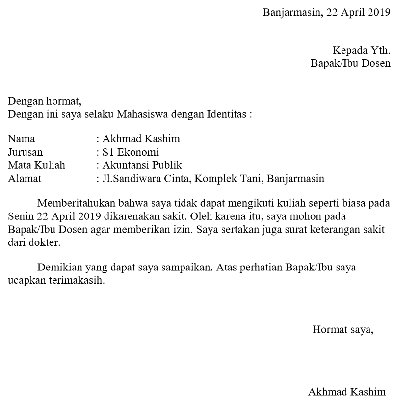 Contoh Surat Izin Sakit tidak Masuk Kuliah Formal (Mahasiswa)  ASHADIN