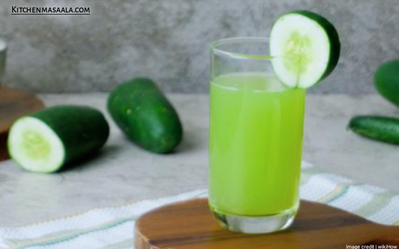 गर्मी की सबसे बेस्ट ड्रिंक खीरा जूस बनाने की विधि || Cucumber juice recipe in Hindi, cucumber juice image, खीरे का जूस फोटो, kitchenmasaala.com