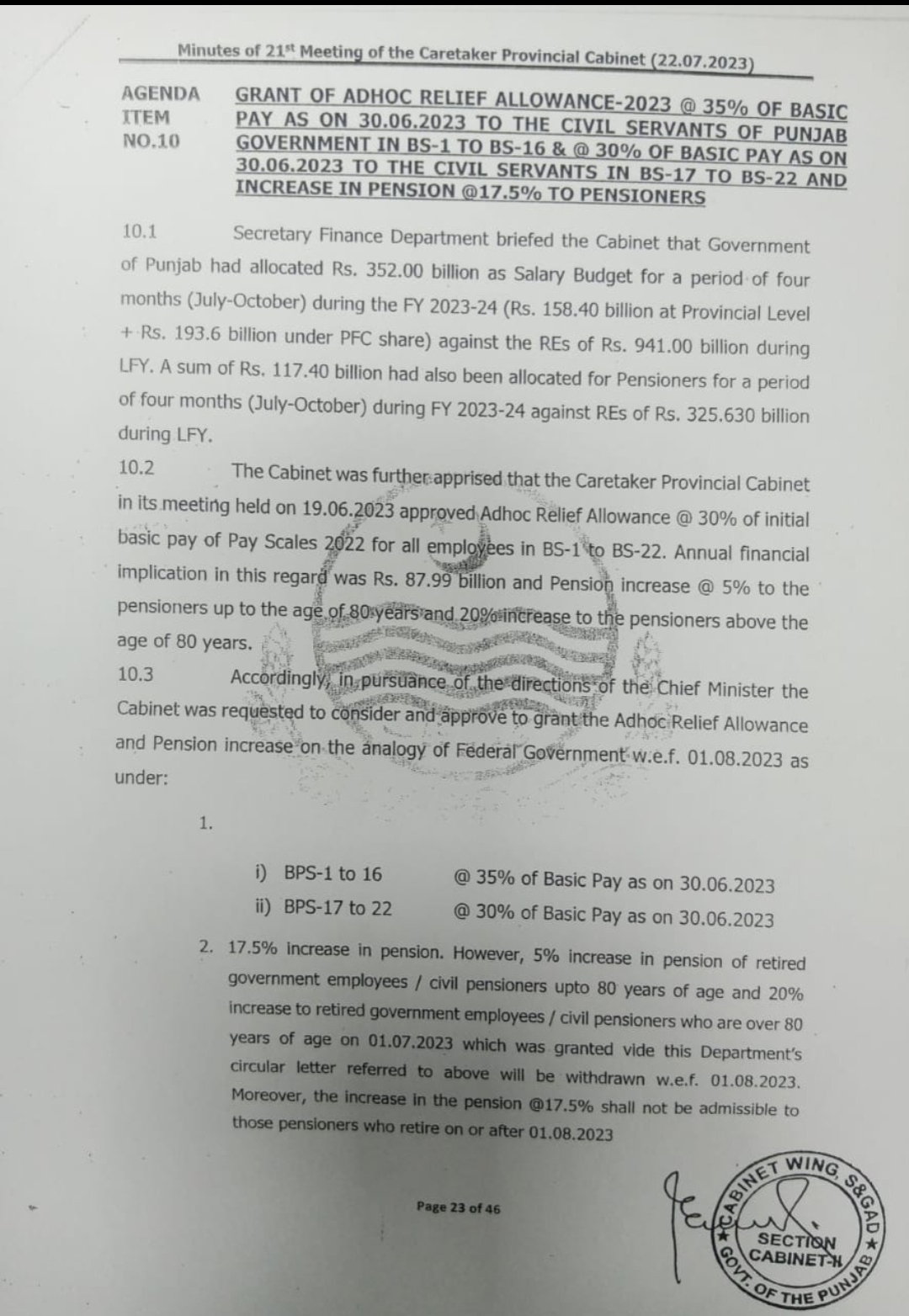 35% of Basic Pay as on 30.06.2023 notification PUNJAB