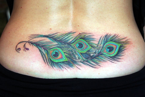 Peacock feather lower back tattoo