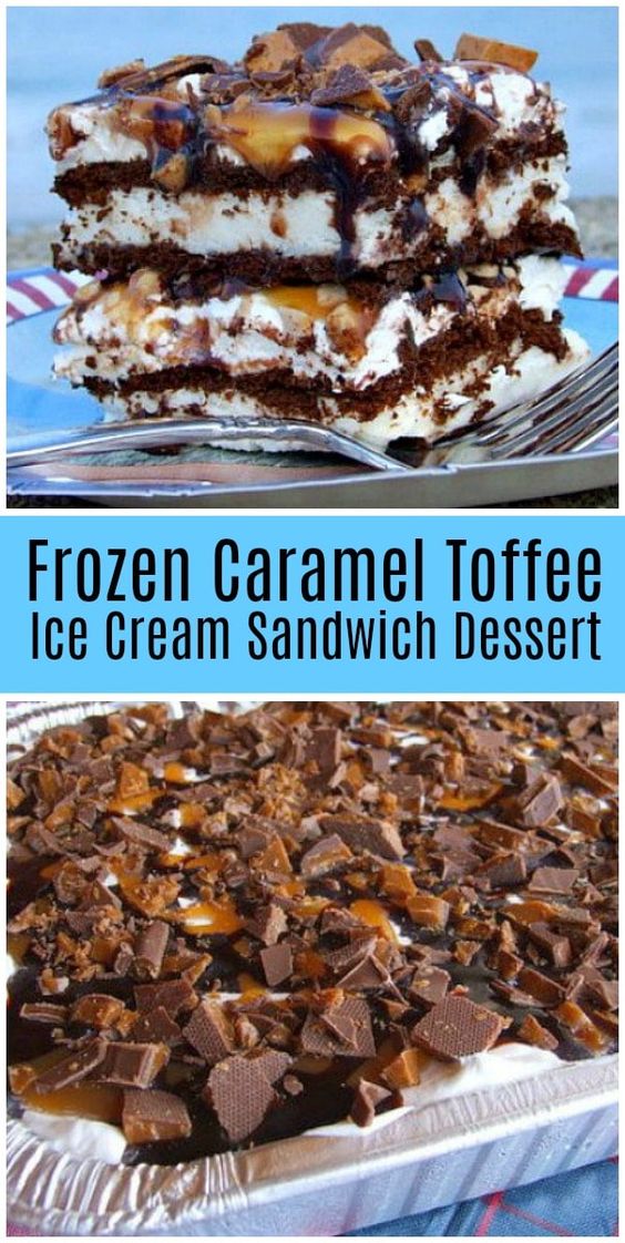 Frozen Caramel Toffee Ice Cream Sandwich Dessert recipe - from RecipeGirl.com #frozen #caramel #toffee #icecream #dessert #recipe #RecipeGirl