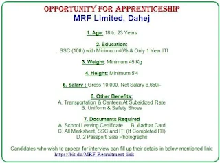 MRF Limited, Dahej, Gujarat ITI Apprentice Requirement, Registration Online