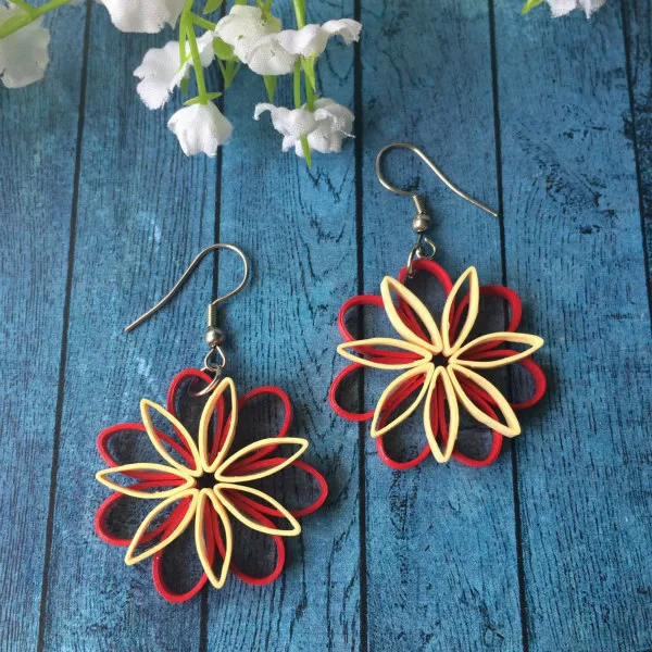 red and cream quilled flower earrings