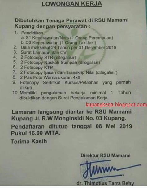 LOWONGAN KERJA RSU MAMAMI KUPANG ~ Lowongan Kerja Kupang