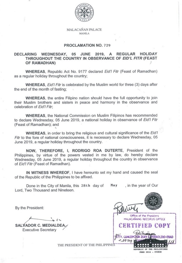 PRRD declares June 5 Eid'l Fitr holiday