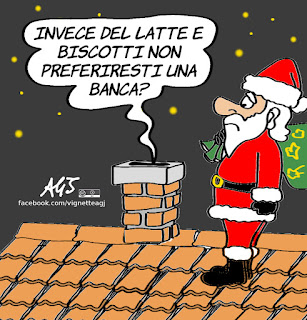 natale, babbo natale, banche, pressioni, vignetta, satira