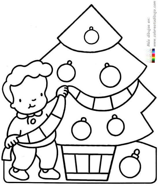 Niño decorando árbol de navidad para colorear y pintar