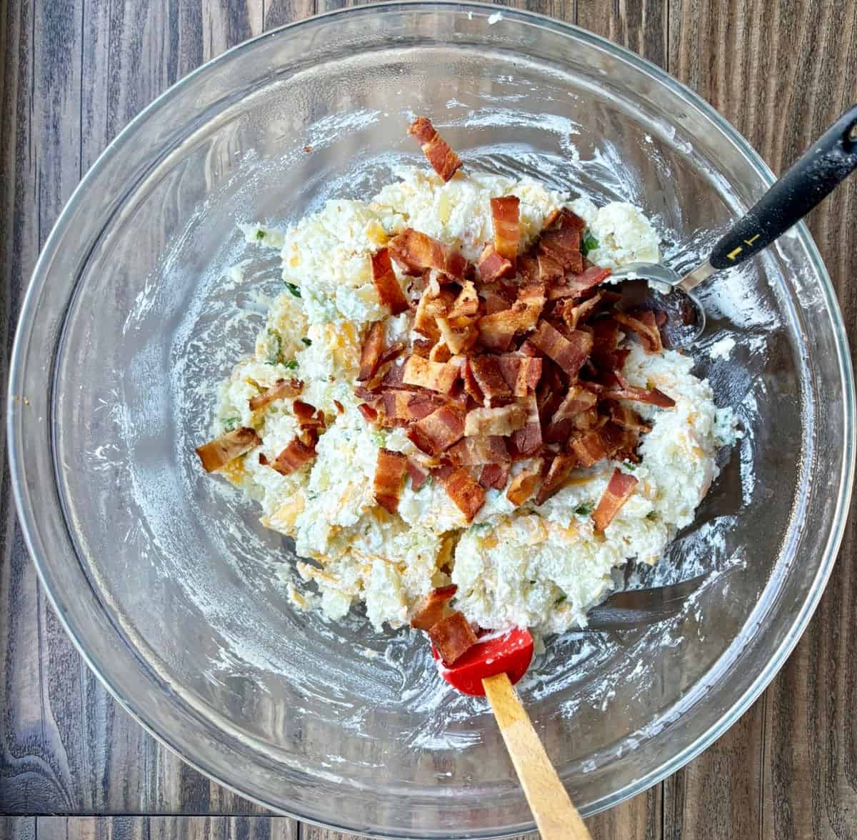 Twice-Baked Potato Pierogi Filling with bacon on top.