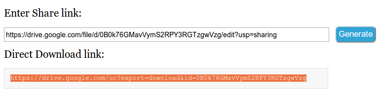 direct link generation for a google drive file