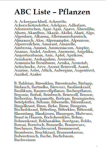 ABC Liste - Pflanzen