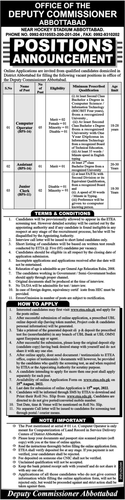 Latest Deputy Commissioner Office Management Posts Abbottabad 2022