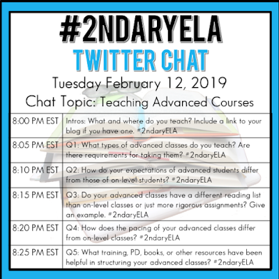 Join secondary English Language Arts teachers Tuesday evenings at 8 pm EST on Twitter. This week's chat will be about teaching advanced courses like AP and Gifted.