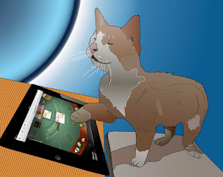 cat playing ipad blackjack in space