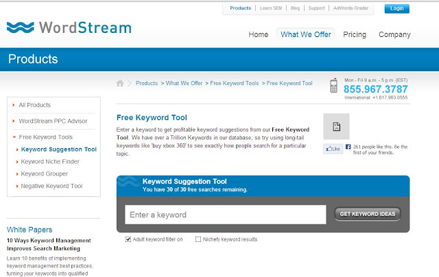 Word Stream keyword tool