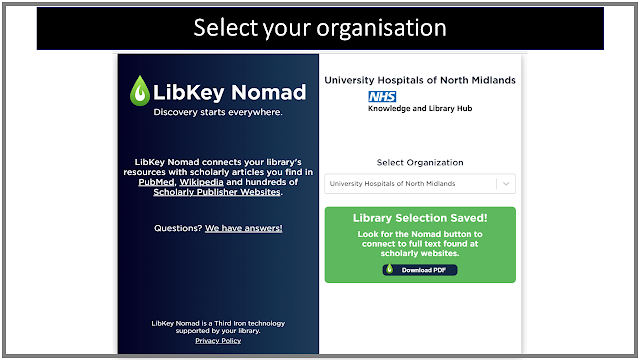 libkey nomad extension page with search box to select your organisation