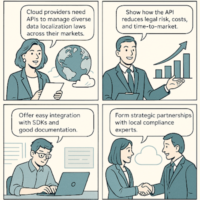 A four-panel color comic summarizing how to sell data localization compliance APIs to cloud providers. Panel 1: A businesswoman explains cloud providers need APIs to manage data localization laws, with a globe in the background. Panel 2: A businessman points to a growth chart, emphasizing reducing legal risk, cost, and time-to-market. Panel 3: A developer types on a laptop, highlighting easy integration with SDKs and documentation. Panel 4: Two businesspeople shake hands, representing forming strategic partnerships with local compliance experts.