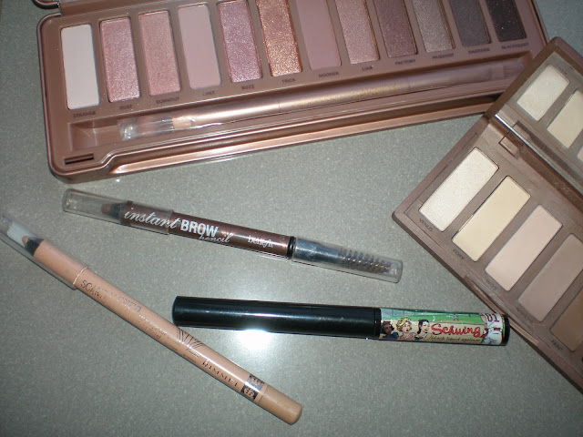 Urban Decay Naked 3 and Naked Basics palettes, Rimmel London ScandalEyes Kajal Eyeliner, TheBalm Schwing Liquid Eyeliner, Benefit Instant Brow pencil