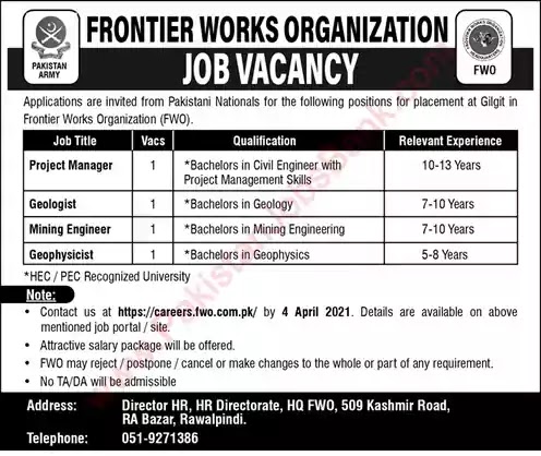 New Jobs in Pakistan Frontier Works Organization Gilgit Jobs 2021 | Apply Online