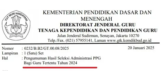 Pengumuman Hasil Seleksi Administrasi PPG Guru Tertentu