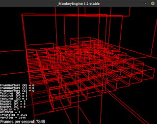 Debug boxes showing the OcTree, a heightfield broken into multiple parts and a couple of box colliders