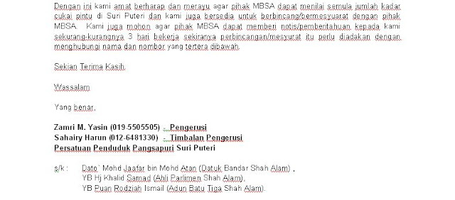 Surat Rayuan Kepada MBSA - Pengurangan Kadar Nilai Cukai 