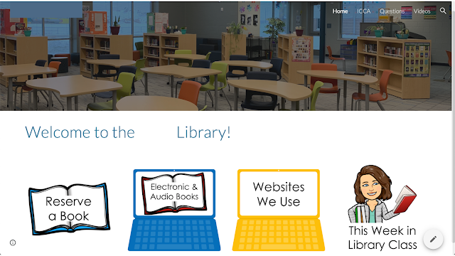 Screenshot of website showing bookshelves, tables, and chairs. Books, computers, and Bitmojis link to other pages.